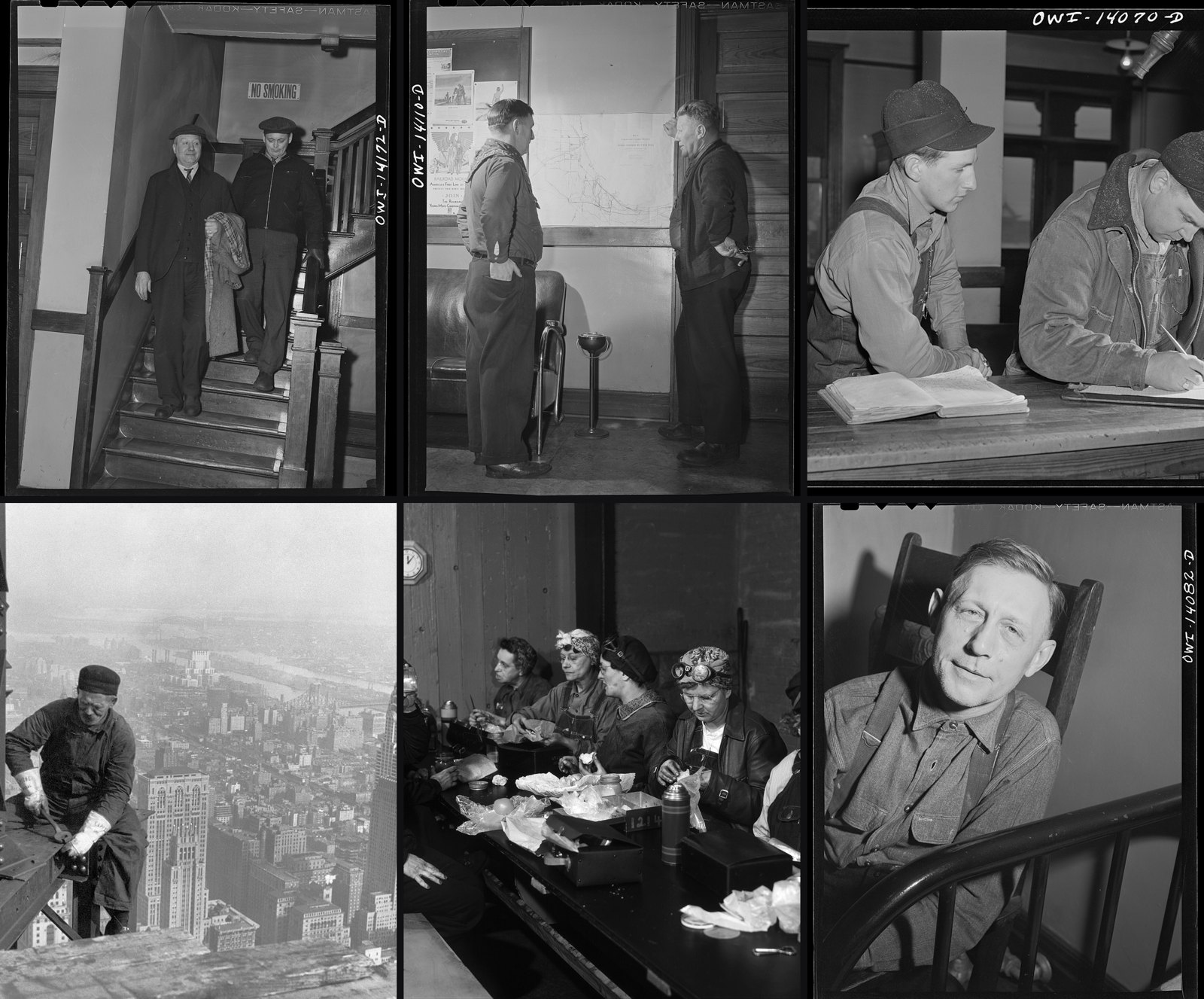 Six photographs of working people between 1930 and 1943: railroad crews and roundhouse wipers in Chicago, and a structural worker on the Empire State Building